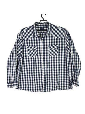 Mens Double Pump Navy & White Checkered Button Up Shirt Western Long Sleeve 4XL